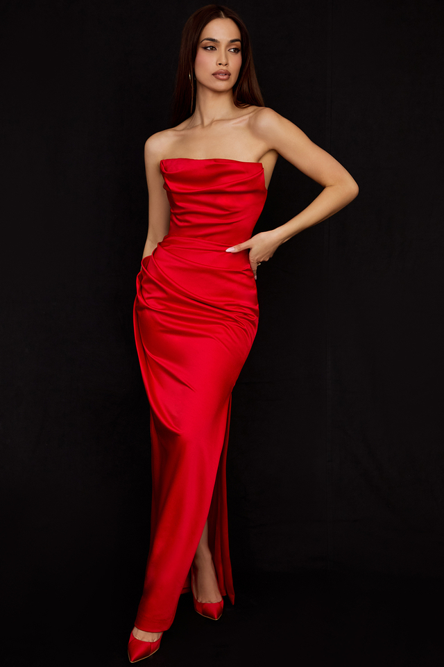'Adrienne' Scarlet Satin Strapless Gown